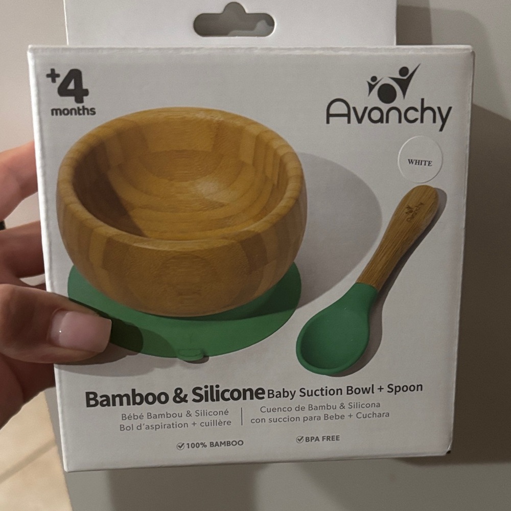 Bamboo & Silicone Baby Suction Bowl + Spoon - White